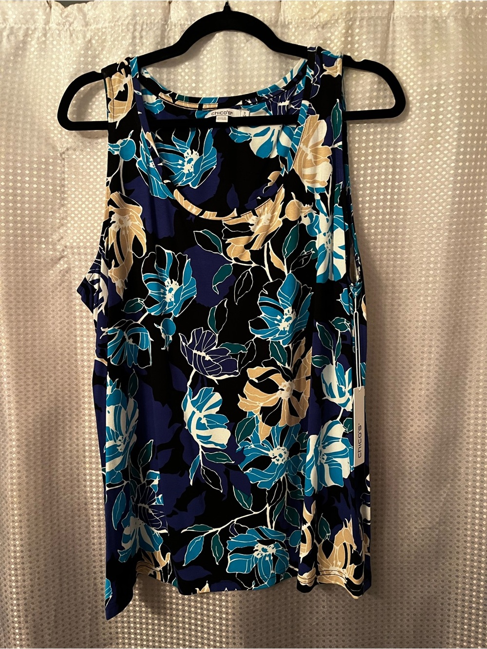 Chico’s Black Floral Tank with Blue & Beige Blooms